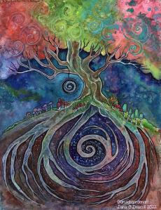 Colorful tree with spiral roots into the earth