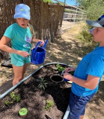 Two kids plant herbs in a raised bed.
